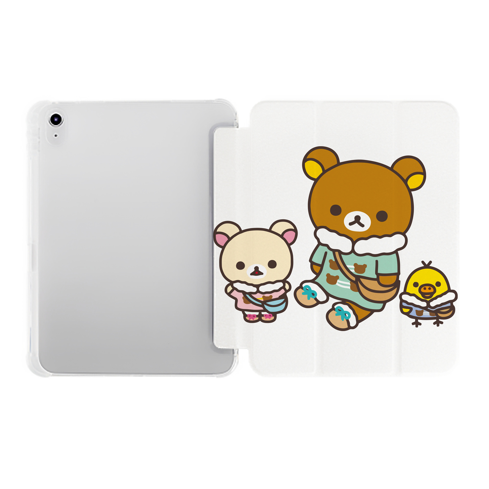 （画像用） リラックマ リラックマ キイロイトリ Rilakkuma Korilakkuma Kiiroitori IPad ケース ペン収納付き 三つ折りスタンド PUレザー×シリコン 対応機種9.5/10.5/10.9インチ